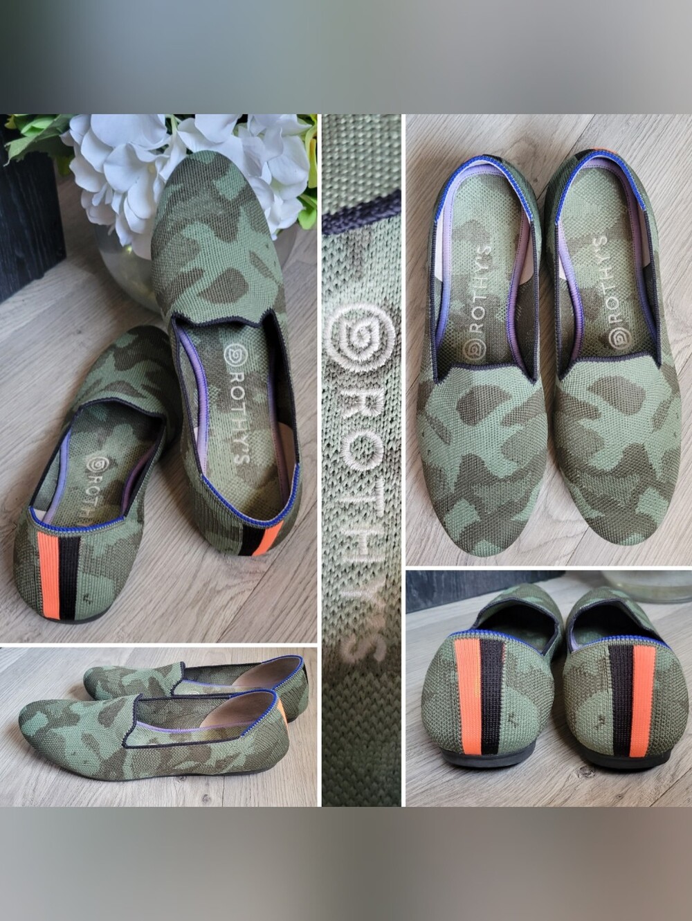 Rothy's The Loafer Olive Camo Flats, Purple & Pink Trim Insoles, US 8 EU 38.5